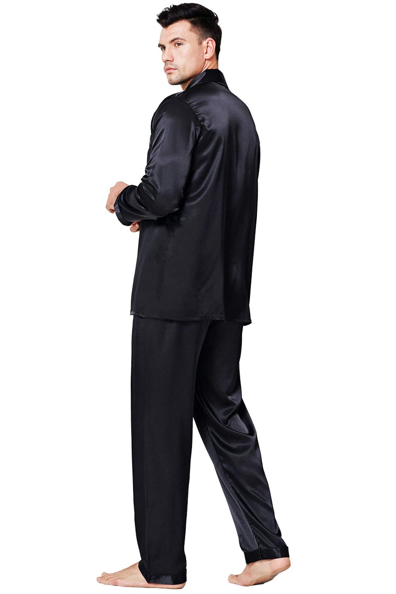 Lonxu طقم بيجامة حرير ساتان للرجال 3XL أسود داكن - Image 3